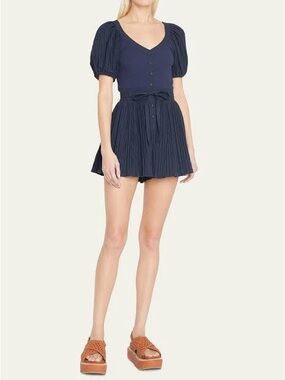 Ulla Johnson Navy Blue Pleated Short Sleeve Romper